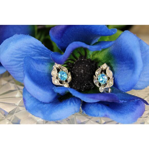 Bogoff Blue and Clear Rhinestone Clip-on Earrings - Picture 1 of 4